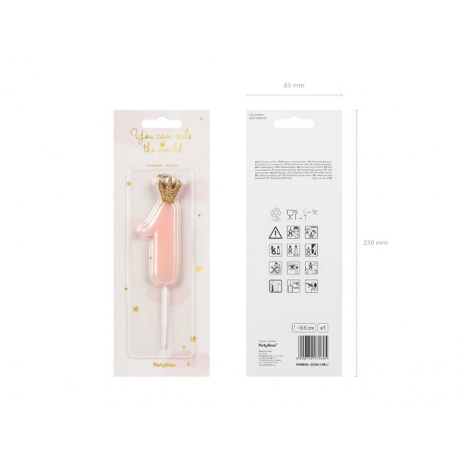 Świeczka urodzinowa Party Deco 9,5 cm - Cyferka 1 jasny różowy