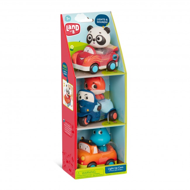 Zestaw 3 miękkich autek sensorycznych z wesołymi pasażerami B. Toys - wyścigówka, motocykl, pick-up