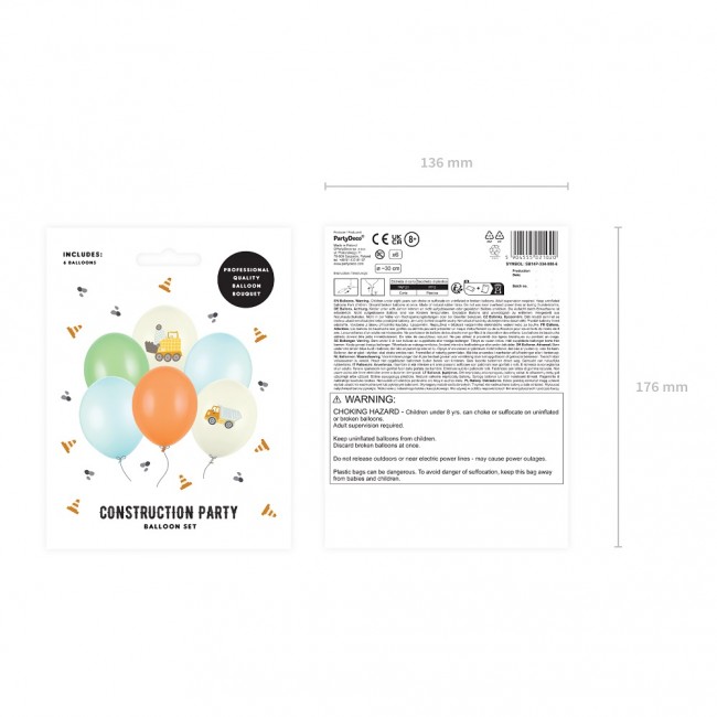 Balony 6 szt Party Deco - Pojazdy budowlane 30 cm