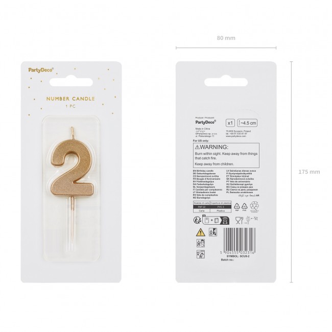Świeczka urodzinowa Party Deco 4,5 cm - Cyferka 2 złota