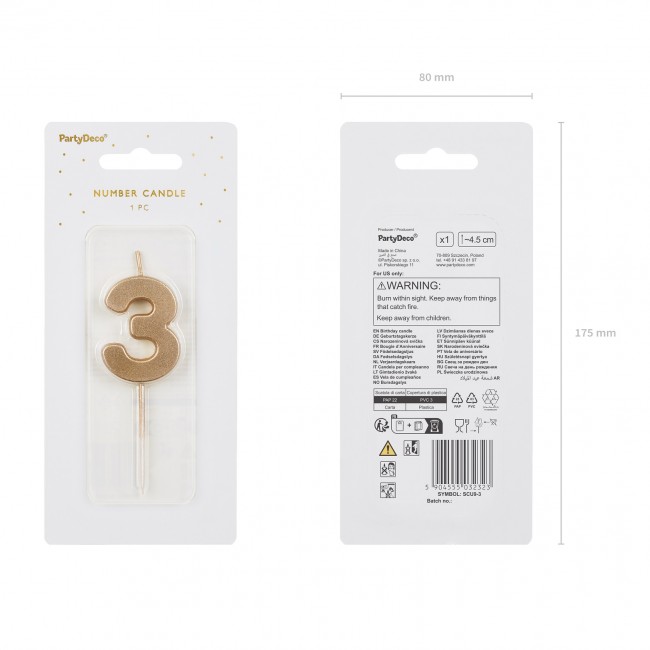 Świeczka urodzinowa Party Deco 4,5 cm - Cyferka 3 złota
