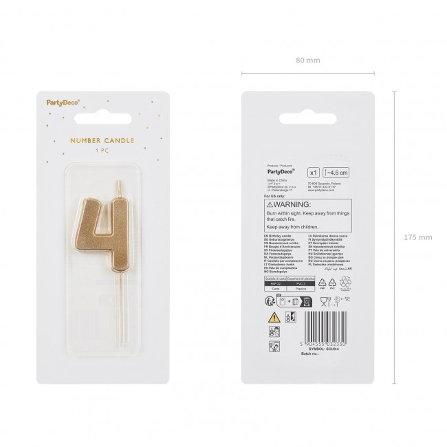 Świeczka urodzinowa Party Deco 4,5 cm - Cyferka 4 złota