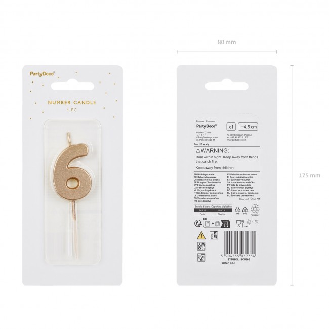 Świeczka urodzinowa Party Deco 4,5 cm - Cyferka 6 złota