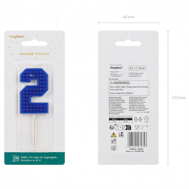 Świeczka urodzinowa Party Deco 6 cm - Cyferka 2 niebieska
