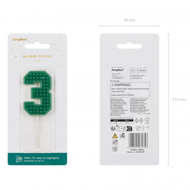 Świeczka urodzinowa Party Deco 6 cm - Cyferka 3 zielona
