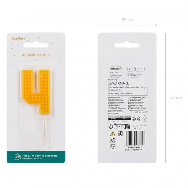 Świeczka urodzinowa Party Deco 6 cm - Cyferka 4 żółta
