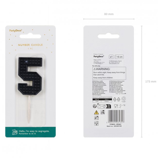 Świeczka urodzinowa Party Deco 6 cm - Cyferka 5 czarna