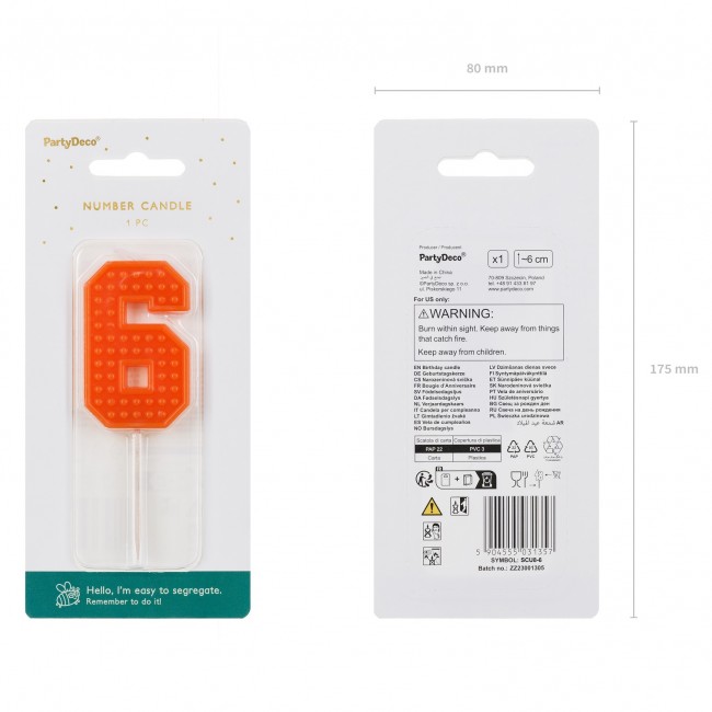 Świeczka urodzinowa Party Deco 6 cm - Cyferka 6 czerwona