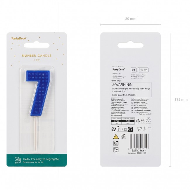 Świeczka urodzinowa Party Deco 6 cm - Cyferka 7 niebieska