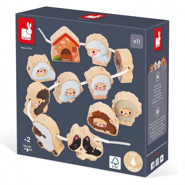 Nawlekanka z drewnianymi owieczkami Janod - Farma