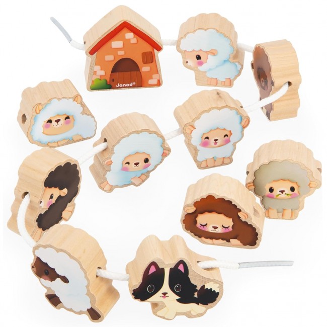 Nawlekanka z drewnianymi owieczkami Janod - Farma