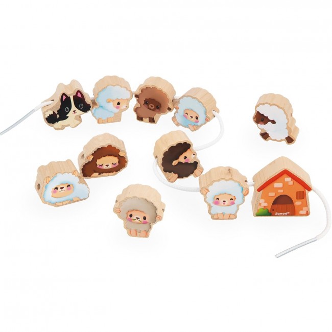Nawlekanka z drewnianymi owieczkami Janod - Farma