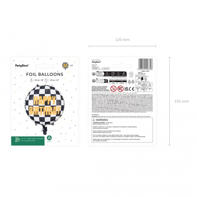 Balon foliowy Party Deco - Szachownica Happy Birthday 45 cm