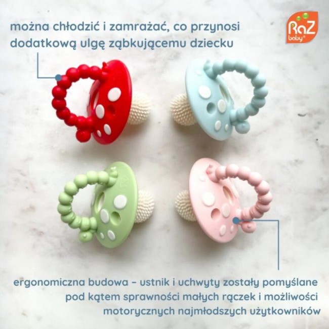 Gryzak logopedyczny Grzybek na ząbkowanie RaZbaby - Czerwony i zielony 2 szt.