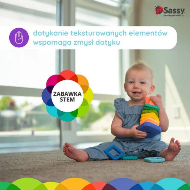Zabawka sensoryczna dla niemowląt i dzieci Sassy - Zakręcona wieża z klocków