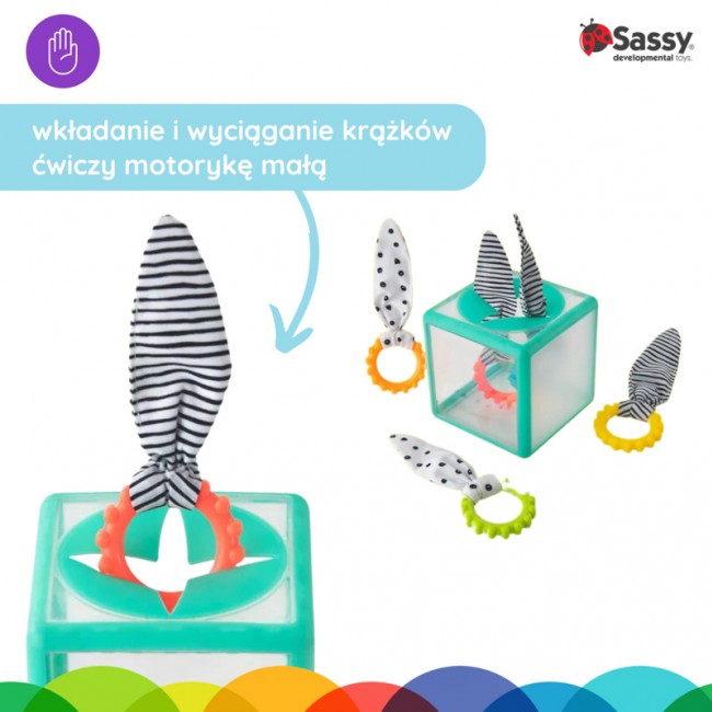 Manipulacyjna kostka sensoryczna Montessori Sassy - Elastyczna kostka sorter z krążkami