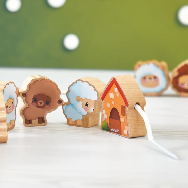 Nawlekanka z drewnianymi owieczkami Janod - Farma