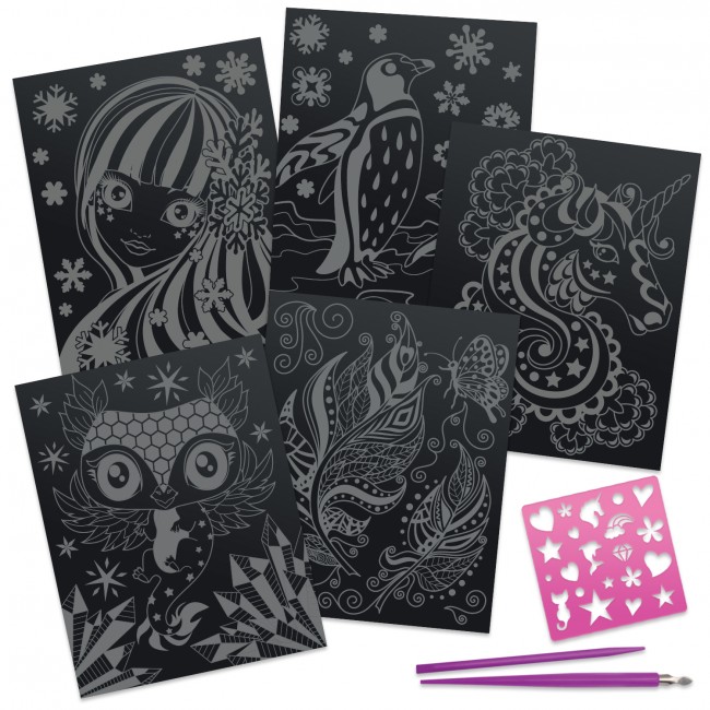 Zdrapywanki dla dzieci 5 szt. z rysikiem i szablonami, metaliczne kolory Nebulous Stars - Isadora 8+