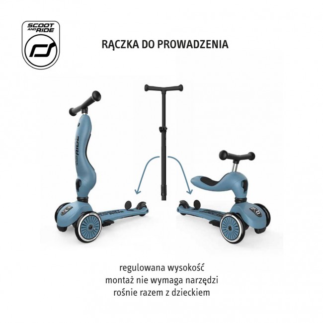 Jeździk i hulajnoga z rączką do prowadzenia Highwaykick 1 Push and Go 2w1 SCOOTANDRIDE 1-5 lat - Steel