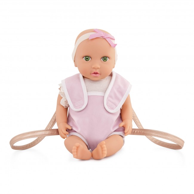 Lalka niemowlę z nosidełkiem LullaBaby - W kremowym ubranku, z koronkowymi falbankami