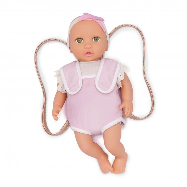 Lalka niemowlę z nosidełkiem LullaBaby - W kremowym ubranku, z koronkowymi falbankami