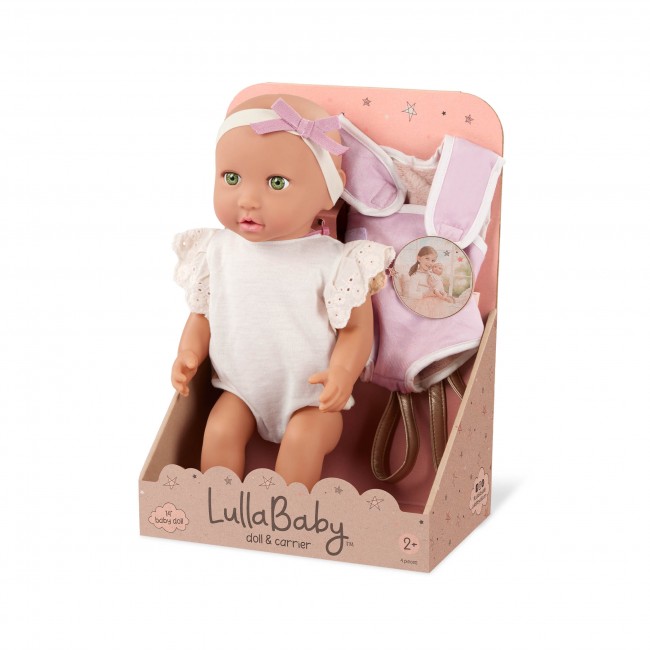 Lalka niemowlę z nosidełkiem LullaBaby - W kremowym ubranku, z koronkowymi falbankami