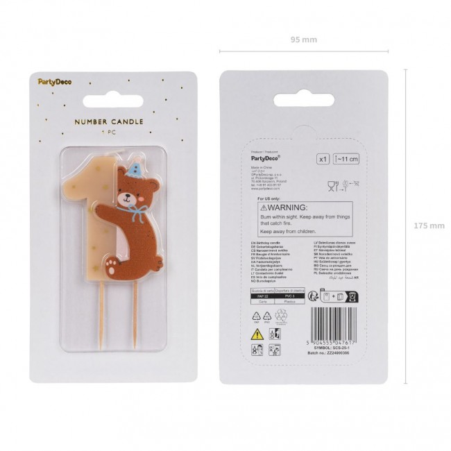 Świeczka urodzinowa Party Deco 7 cm - Cyferka 1 z misiem
