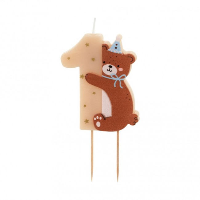 Świeczka urodzinowa Party Deco 7 cm - Cyferka 1 z misiem