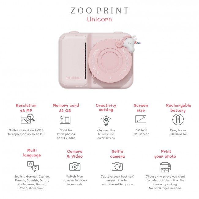 Aparat cyfrowy z drukarką dla dzieci Zoo Print The Zoofamily - Jednorożec
