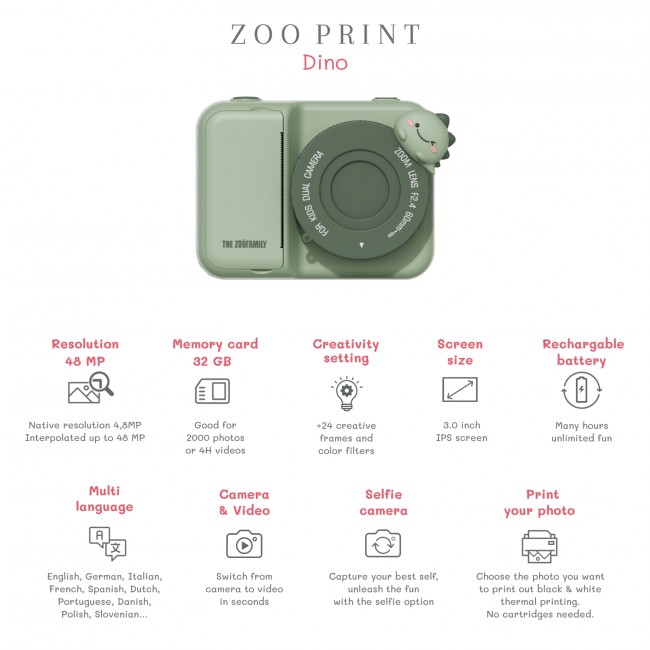 Aparat cyfrowy z drukarką dla dzieci Zoo Print The Zoofamily - Dinozaur zielony