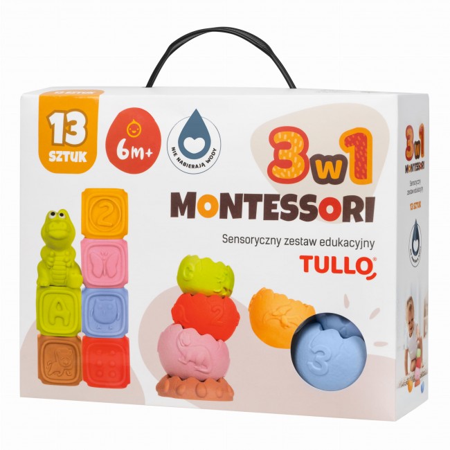 Klocki sensoryczne, piramida, zwierzątko - Tullo zestaw edukacyjny Montessori 13 szt.