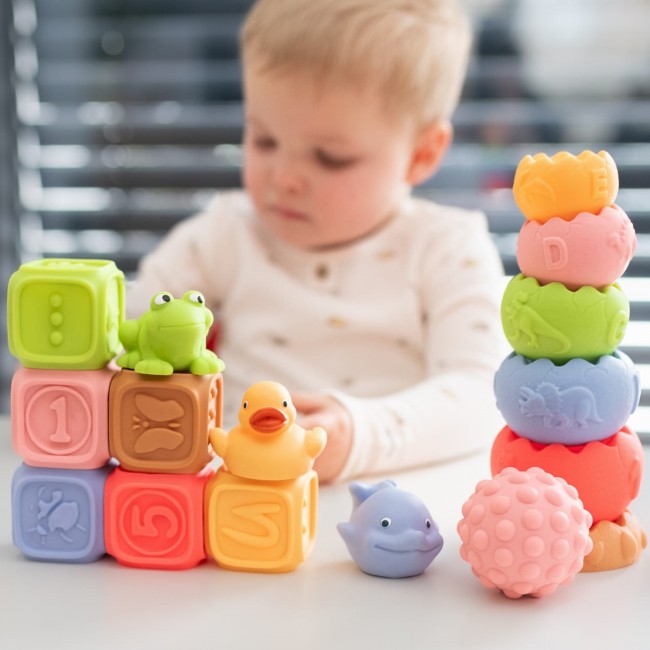 Klocki sensoryczne, piramida, piłeczki, zwierzątko - Tullo zestaw edukacyjny Montessori 18 szt.