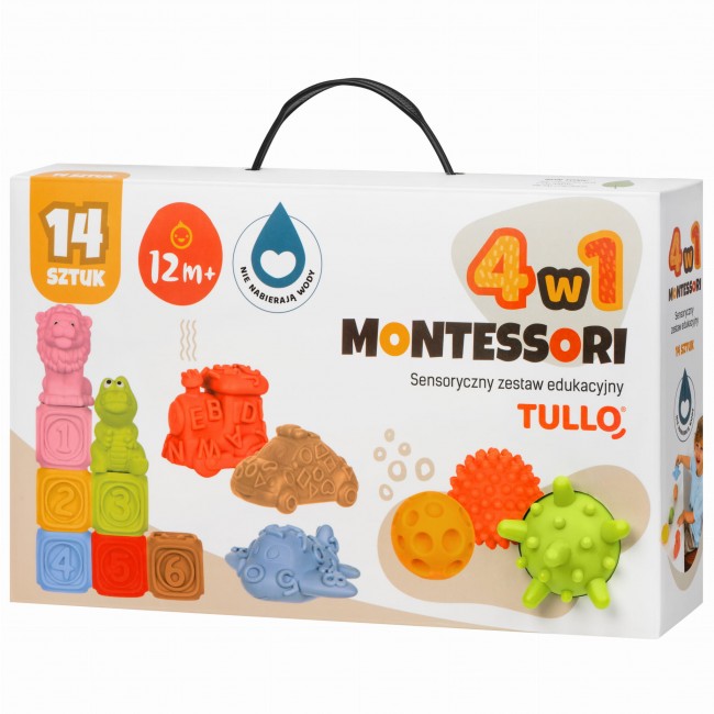 Klocki sensoryczne, piramida, piłeczki, pojazdy, zwierzątka - Tullo zestaw edukacyjny Montessori 14 szt.