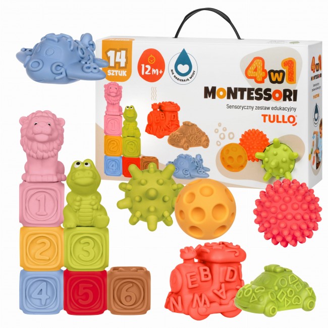 Klocki sensoryczne, piramida, piłeczki, pojazdy, zwierzątka - Tullo zestaw edukacyjny Montessori 14 szt.
