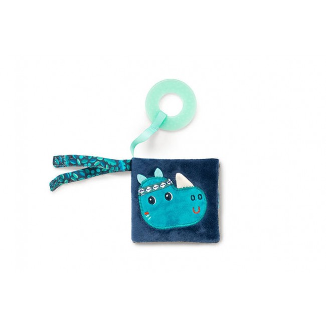 Miękka mini-książeczka wielofunkcyjna z silikonowym gryzakiem Lilliputiens - Nosorożec Marius 6 m+