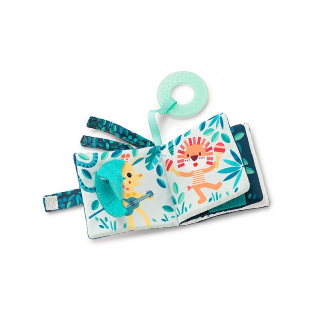 Miękka mini-książeczka wielofunkcyjna z silikonowym gryzakiem Lilliputiens - Nosorożec Marius 6 m+