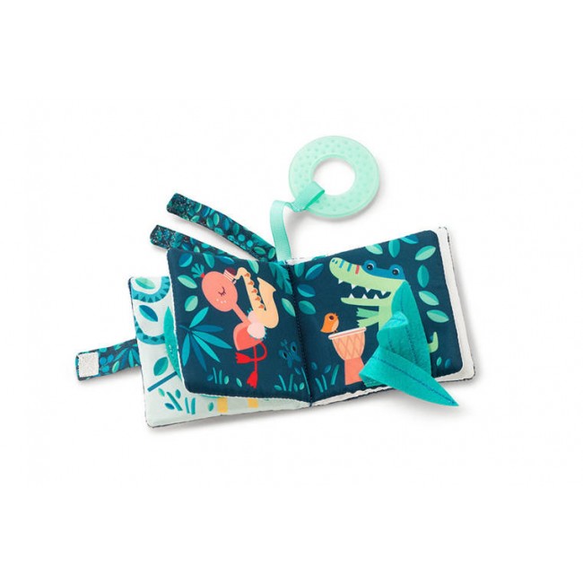 Miękka mini-książeczka wielofunkcyjna z silikonowym gryzakiem Lilliputiens - Nosorożec Marius 6 m+