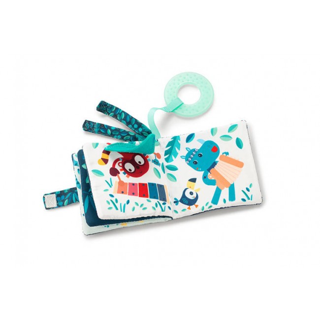 Miękka mini-książeczka wielofunkcyjna z silikonowym gryzakiem Lilliputiens - Nosorożec Marius 6 m+