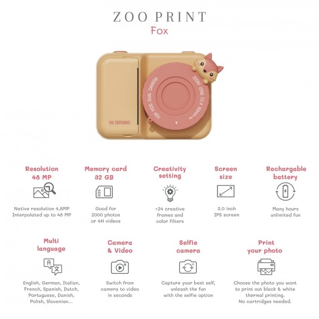 Aparat cyfrowy z drukarką dla dzieci Zoo Print The Zoofamily - Lis