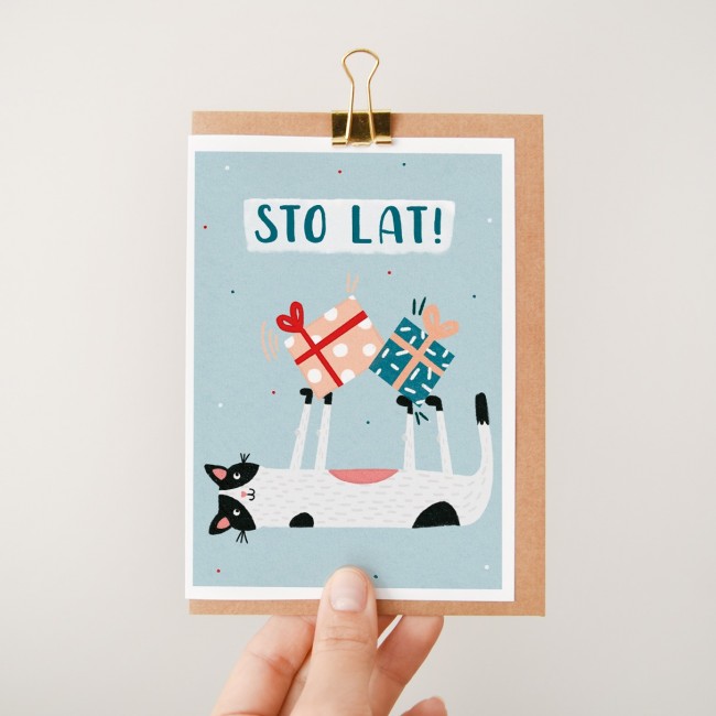 Kartka urodzinowa z kotem Cardie - Sto lat!