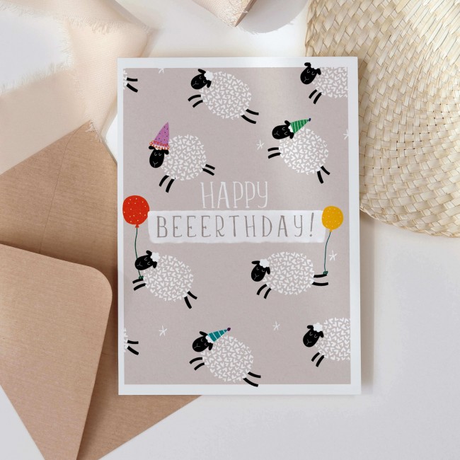 Kartka urodzinowa z owieczkami Cardie - Happy Beerthday!