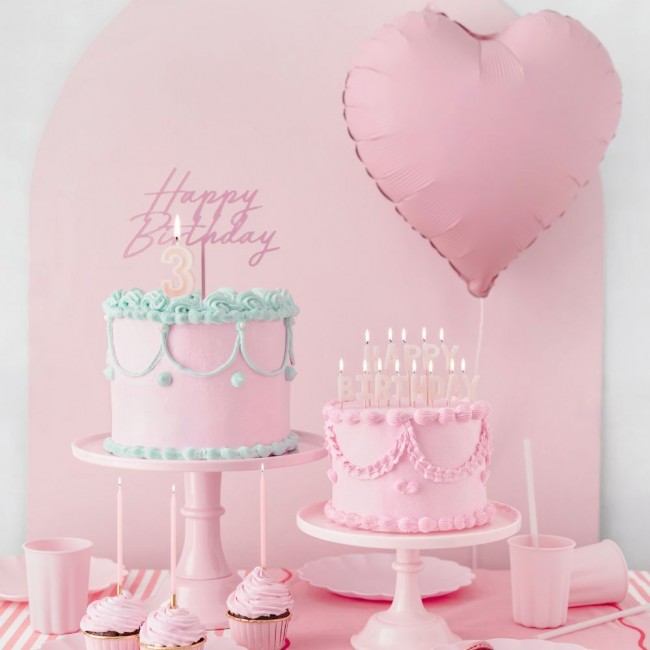 Topper akrylowy na tort Party Deco - Happy Birthday jasny róż