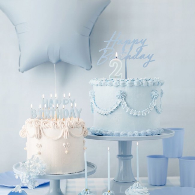 Topper akrylowy na tort Party Deco - Happy Birthday mglisty niebieski