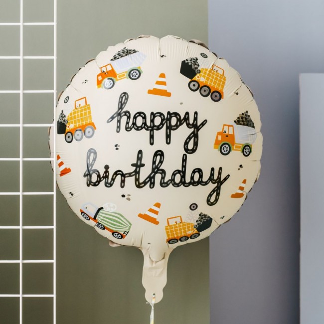 Balon foliowy Party Deco - Pojazdy budowlane Happy Birthday 45 cm