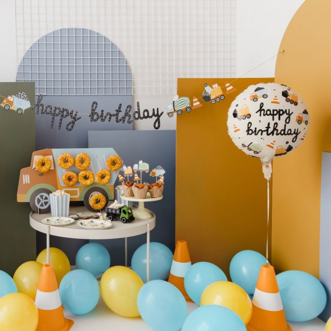 Balon foliowy Party Deco - Pojazdy budowlane Happy Birthday 45 cm