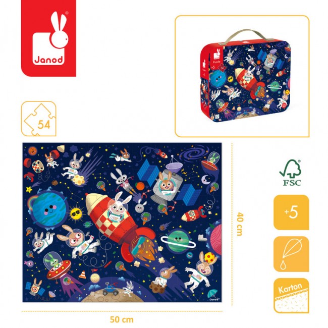 Puzzle w walizce Made in France Janod - Rakieta kosmiczna 54 elementy 5+