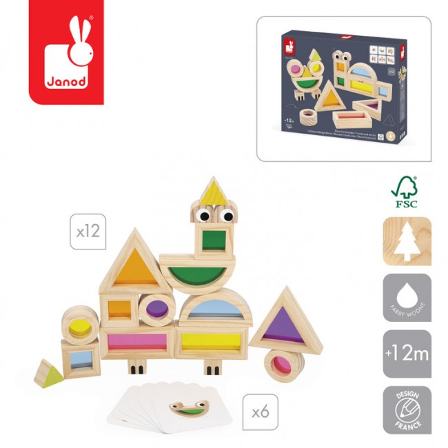 Klocki drewniane przezroczyste kolorowe sensoryczne Janod 12 m+