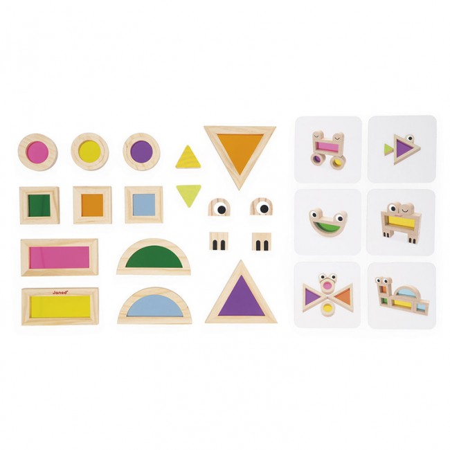 Klocki drewniane przezroczyste kolorowe sensoryczne Janod 12 m+