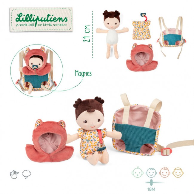 Lalka dzidziuś w nosidełku i z czapeczką Lilliputiens - Jeanne 18 m+