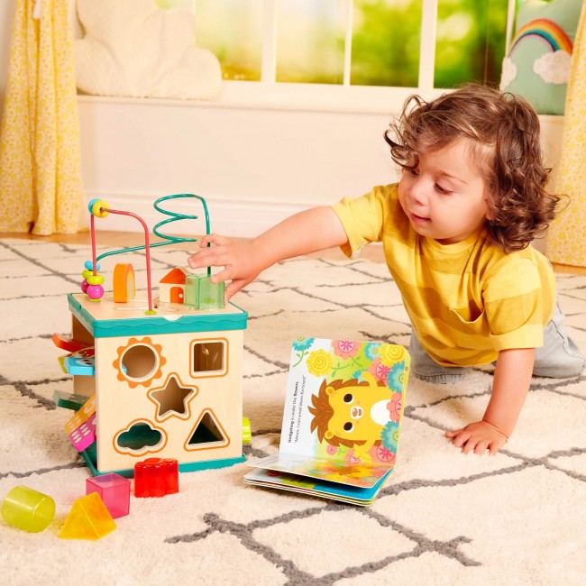 Drewniana kostka edukacyjna z sorterem, labiryntem i książeczką - Lil’ Learning Cube 8 el.